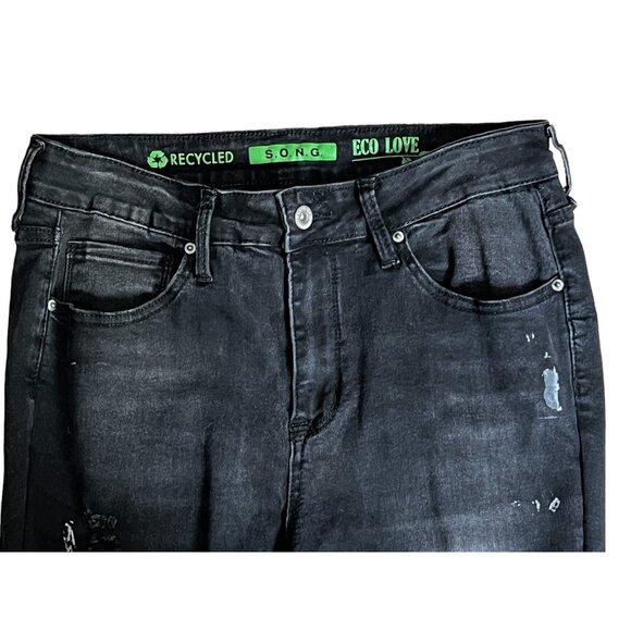 S.O.N.G. Eco Love Jeans Distressed Mushroom Patch Skinny Jeans Sz 13 Juniors Bla - Picture 7 of 12